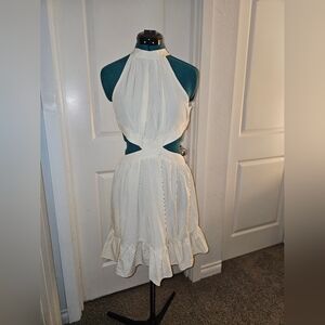 SHEIN Cream Halter Cutout Ruffle Mini Dress